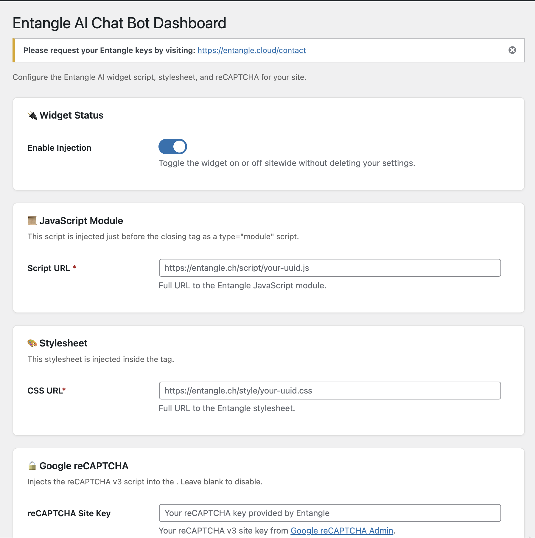 Entangle WordPress Plugin Settings